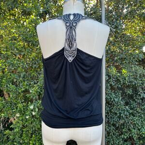 Vintage Y2K Black Twenty One Silver Embroidered Racerback Draped Black Tank Top